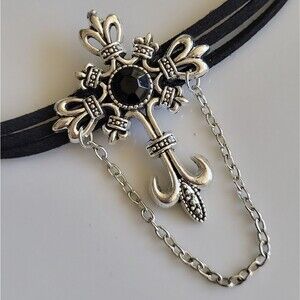 Gothic Silver Cross Choker – Black Multi-Strap with Black Crystal & Chain